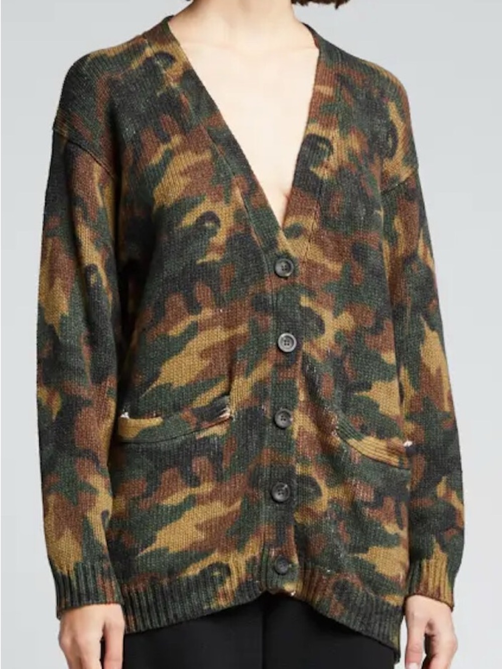NSF Camouflage V Neck Cardigan Green Brown Size Small Wool & Cashmere Small
